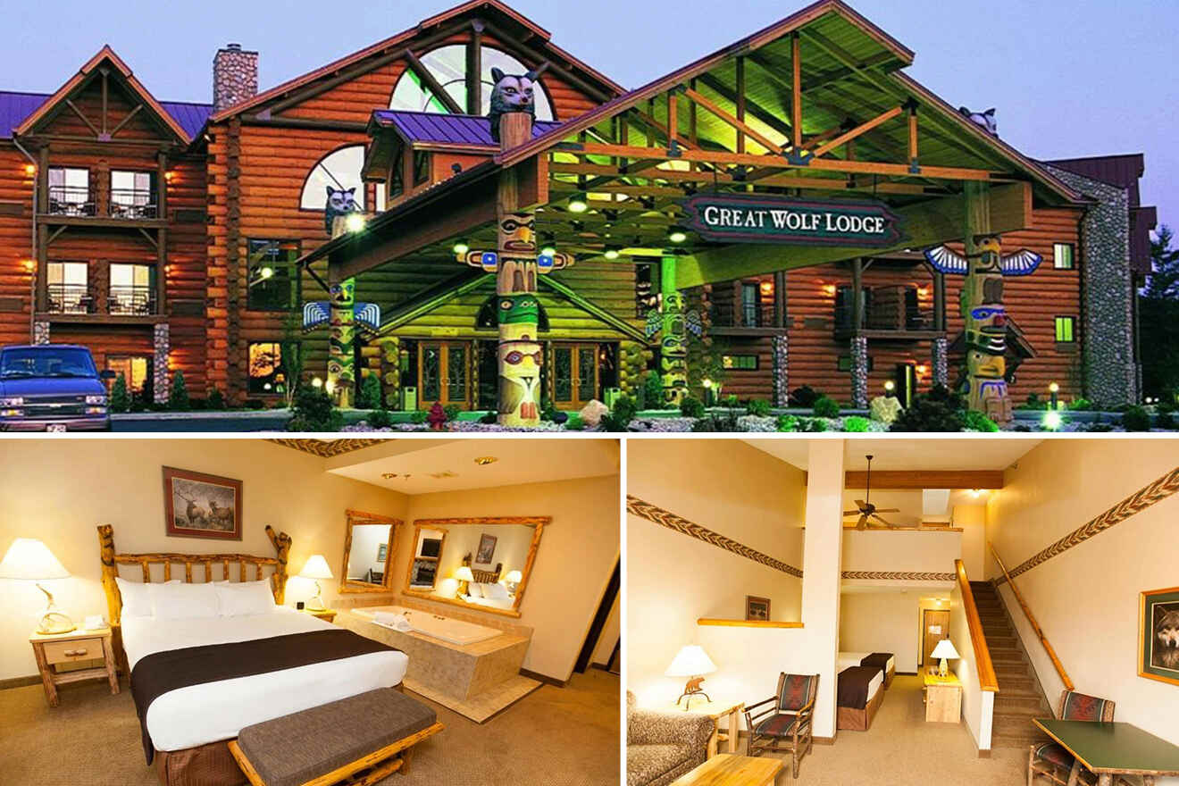 hotel collage with building exterior, bedroom, and stairway